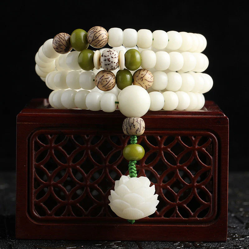 Zen Karma White Jade Bodhi Lotus Mala Harmony Necklace Bracelet